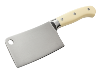 Meat cleaver isolated on white, stainless steel butcher knife with ivory handle for professional cooking and food preparation