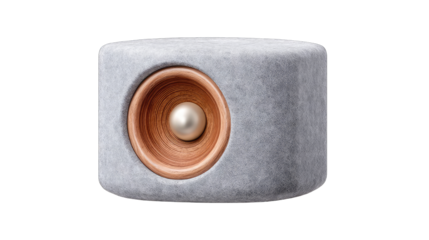 A Detailed Close-Up Of A Modern Gray Speaker With A Copper And Silver Accents And A Pearl In The Center Studio Lighting Isolated On Black Background