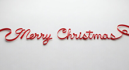 Minimalist Merry Christmas Script Formed by Curled Red Ribbon on Clean White Background