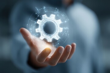 Illuminating Digital Gear Innovation Technology Solution held in Hand Highlighting Modern Engineering Design Interface with Strategy for Development and Future Business Success
