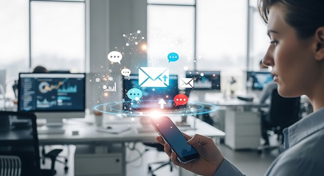 Woman holding smartphone displaying projected digital communication icons in a modern office