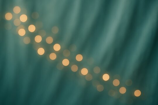 Abstract blurry golden lights bokeh in diagonal pattern over soft teal background, festive holiday glow for xmas, Christmas or new year theme. Ai generative