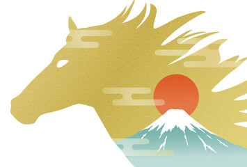 午年の年賀状テンプレート　馬と富士山と日の出
