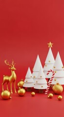 Festive christmas scene with white trees, golden ornaments, reindeer, and candy cane.