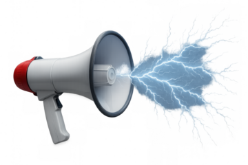 Megaphone amplifying power with radiating lightning bolts, communicating strong energy and important announcement concept