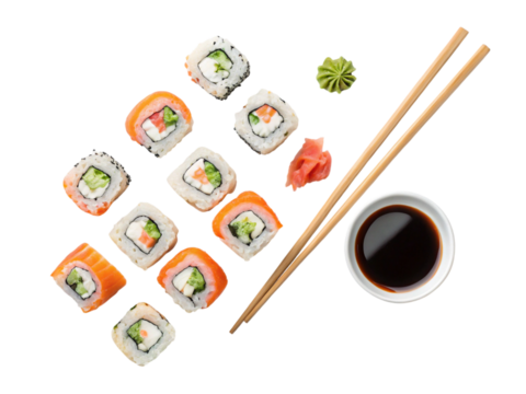 Delicious set of Japanese sushi rolls with wasabi, ginger, soy sauce, and chopsticks isolated on a white background - Powered by Adobe