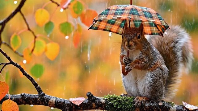 Squirrel holding colorful rainbow umbrella in the rain. Autumn forest with copy space.