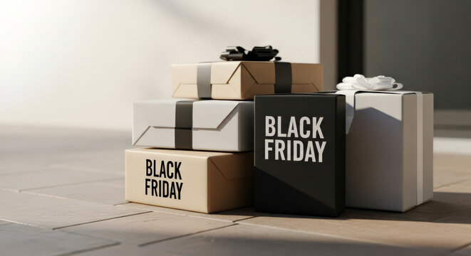 black friday gift boxes stacked on floor, highlighting shopping season excitement. elegant wrapped presents in neutral colors with bold text evoke holiday anticipation and retail allure