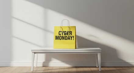 cyber monday shopping bag on white bench casts shadows on minimal wall. bright yellow bag with bold text highlights online shopping sales event. ideal for retail promotions.
