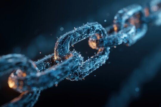 Digital Blockchain Structure Illustration on Black Background Showing Data Interconnectivity for Secure Networks, Data Transmission and Cryptographic Security with Geometric Representation