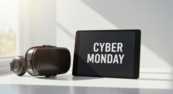 cyber monday shopping concept with tablet displaying promotional text and virtual reality headset on white table, highlighting digital deals and online e-commerce trends