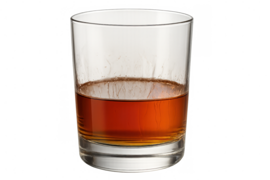 Whiskey glass containing amber spirit, alcoholic bourbon beverage for relaxation, transparent background