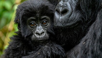 Obraz premium A close-up shot of a baby gorilla snuggling its mother