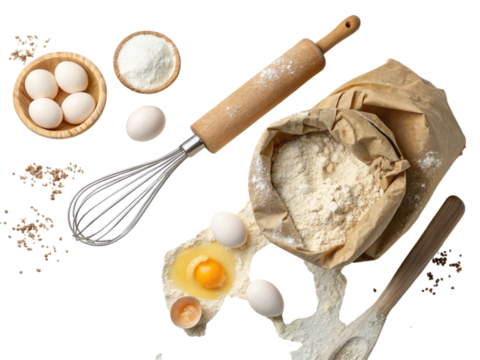 Creative culinary flat lay of essential baking ingredients with flour, eggs, a rolling pin, and a whisk isolated on a white background
