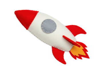 Felt rocket ship isolated on transparent background, handmade toy with red and gray details for kids room decor and space theme