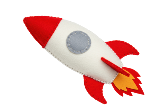 Felt rocket ship isolated on transparent background, handmade toy with red and gray details for kids room decor and space theme