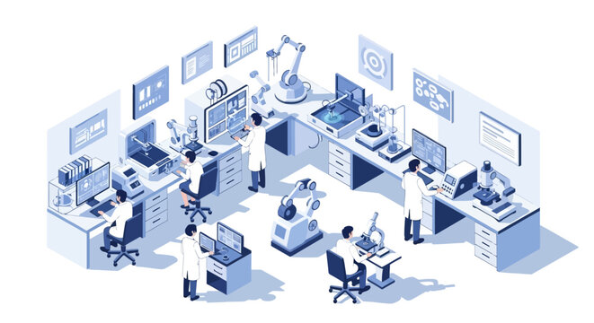 Isometric illustration of a team of scientists working at laboratory desks with various equipment and computers in a monochromatic blue and white setting.
