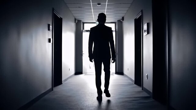 Silhouette of a Businessman Walking Down a Dark Hallway Towards the Light with Side Doors and Fluorescent Ceiling Lights Creating an Eerie Mysterious