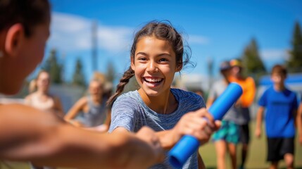 Smiling Girl Passing Baton in Relay