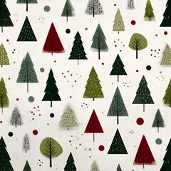 A festive seamless pattern displays a variety of stylized Christmas trees against a speckled off white background, creating a cheerful holiday design.