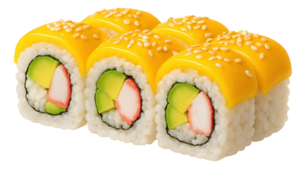 Tempura roll with a drizzle of creamy white sauce, presented on a sleek silver tray with an artistic flair.