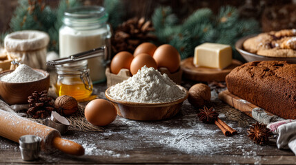 Fototapeta premium Baking ingredients and baked goods on a rustic wooden surface scene