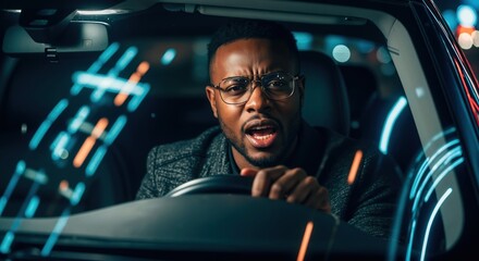 Obraz premium Stressed Black man driving a car at night. Frustrated driver with an angry expression yelling in traffic. Urban commute and road rage concept