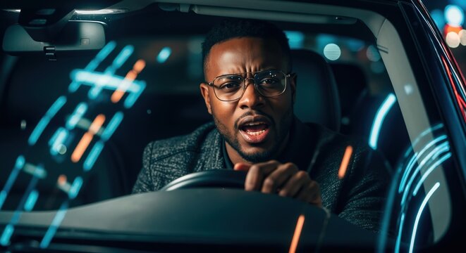 Stressed Black man driving a car at night. Frustrated driver with an angry expression yelling in traffic. Urban commute and road rage concept - Powered by Adobe
