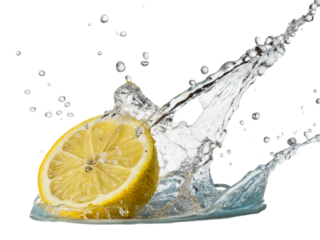 Lemon splash with water droplets creates a refreshing and vibrant scene, perfect for summer drinks or health-conscious promotions