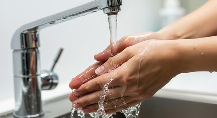 A person washing their hands under running water from a modern faucet. Health and hygiene concept for cleanliness and virus prevention.
