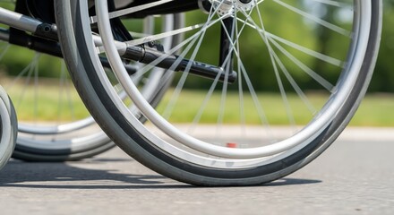 Low angle close-up of an empty wheelchair's wheels outdoors. Mobility aid for disabled people. Concept of accessibility, healthcare, and recovery
