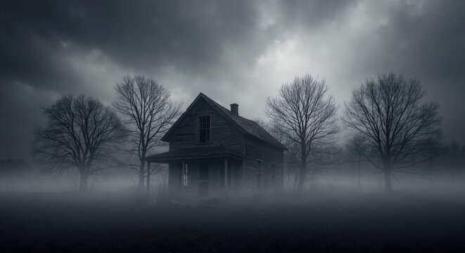 Spooky abandoned haunted house in a dark foggy forest at night. Old derelict wooden building in a mysterious, creepy landscape. Horror and supernatural concept