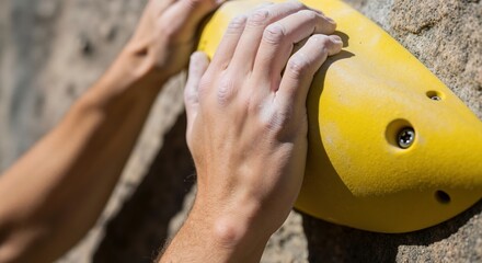 A climber's chalked hands gripping a yellow hold on a rock wall. Close-up of bouldering and extreme sport activity. Strength and determination concept