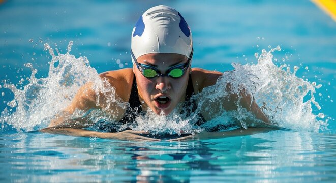 Close-up of a female swimmer in action in a pool. Determined athlete training for a competition. Concept of strength and competitive sports