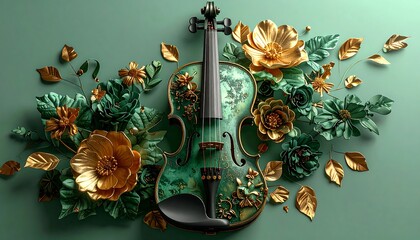 A violin surrounded by gold and green flowers on a teal background