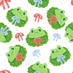 Adorable Hand drawn Frogs in Wreaths with Bows Seamless Pattern