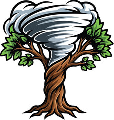  a tree with a tornado swirling through its branches, symbolizing natures power and resilience, represents strength, destruction, and natural disaster