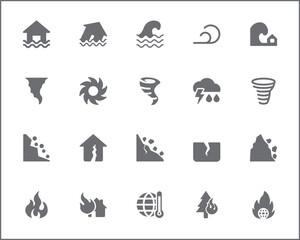 Set of disaster and storm Icons Solid style. Contains such Icons as fire, landslide, flood, drought, Natural Disaster, tornado, lighting, fog, forest fire, tsunami, hurricane And Other Elements. 