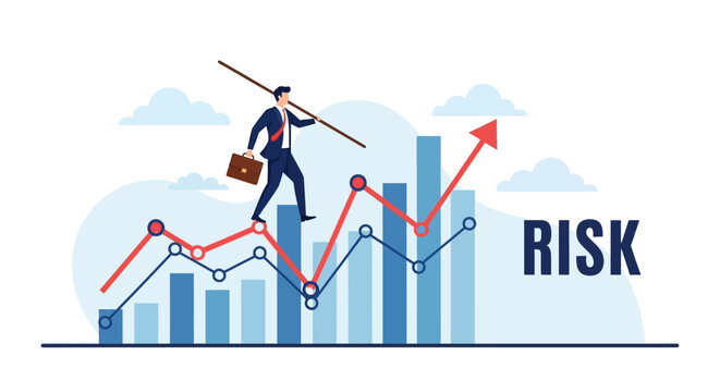 Businessman navigating risk graph with upward arrow and briefcase