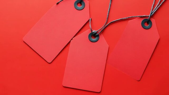Close-up of two red tags hanging from a string on a bright red background