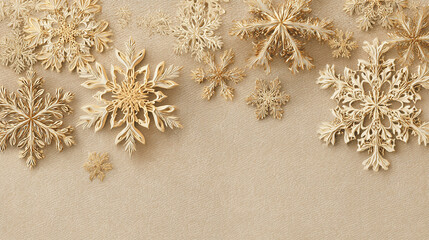 A collection of golden paper snowflakes on a textured beige surface