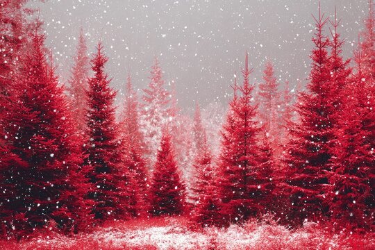 A winter wonderland of vibrant red trees under a light snowfall