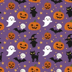 Naklejka premium Seamless pattern of Halloween pumpkins ghosts bats and cats