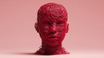Red sculpture made of yarn representing an artistic interpretation of an emotional core network concept in design
