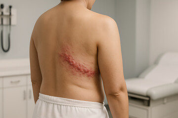 Photorealistic 3D medical scene of shingles (herpes zoster), adult torso turned away from camera (no face visible), unilateral dermatomal vesicular rash along right thoracic flank, mild erythema