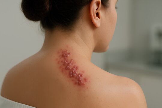 Photorealistic 3D medical scene of shingles (herpes zoster), adult torso turned away from camera (no face visible), unilateral dermatomal vesicular rash along right thoracic flank, mild erythema