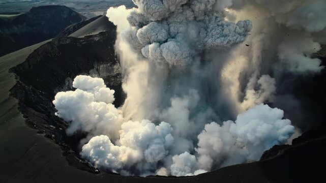 massive volcanic explosion with ash cloud, intense crater blast forms towering ash plume and dust