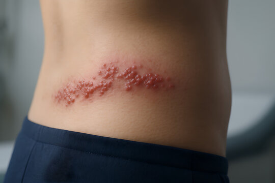Photorealistic 3D medical scene of shingles (herpes zoster), adult torso turned away from camera (no face visible), unilateral dermatomal vesicular rash along right thoracic flank, mild erythema