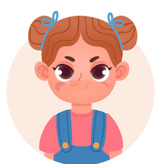 Pixel Art Portrait of a Young Girl with Brown Pigtails and Blue Overalls Expressing Displeasure with a Slight Grimace on Her Face Against a Soft Peach Circle Background