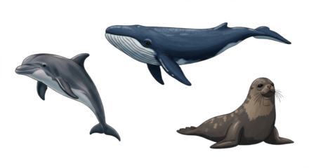 Set of Three Marine Animals – Dolphin, Whale, and Seal Isolated on White Background – Ocean Wildlife Collection Featuring Intelligent and Majestic Sea Creatures in High Detail for Education and Nature
